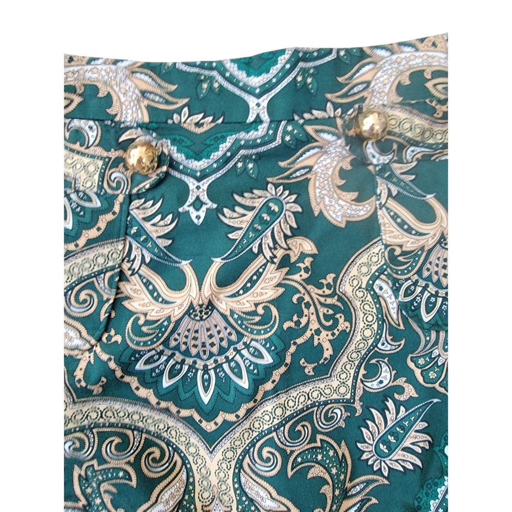 Melly M Green Paisley Mini Skirt Womens Size 6 Gold Button Pockets Made in USA - Picture 4 of 5